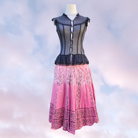 Vintage Dresses & Skirts - Vtg Y2k Pink Ombre Polka Dot Paisley Barbie Floral Kawaii Flowy Cotton Skirt M